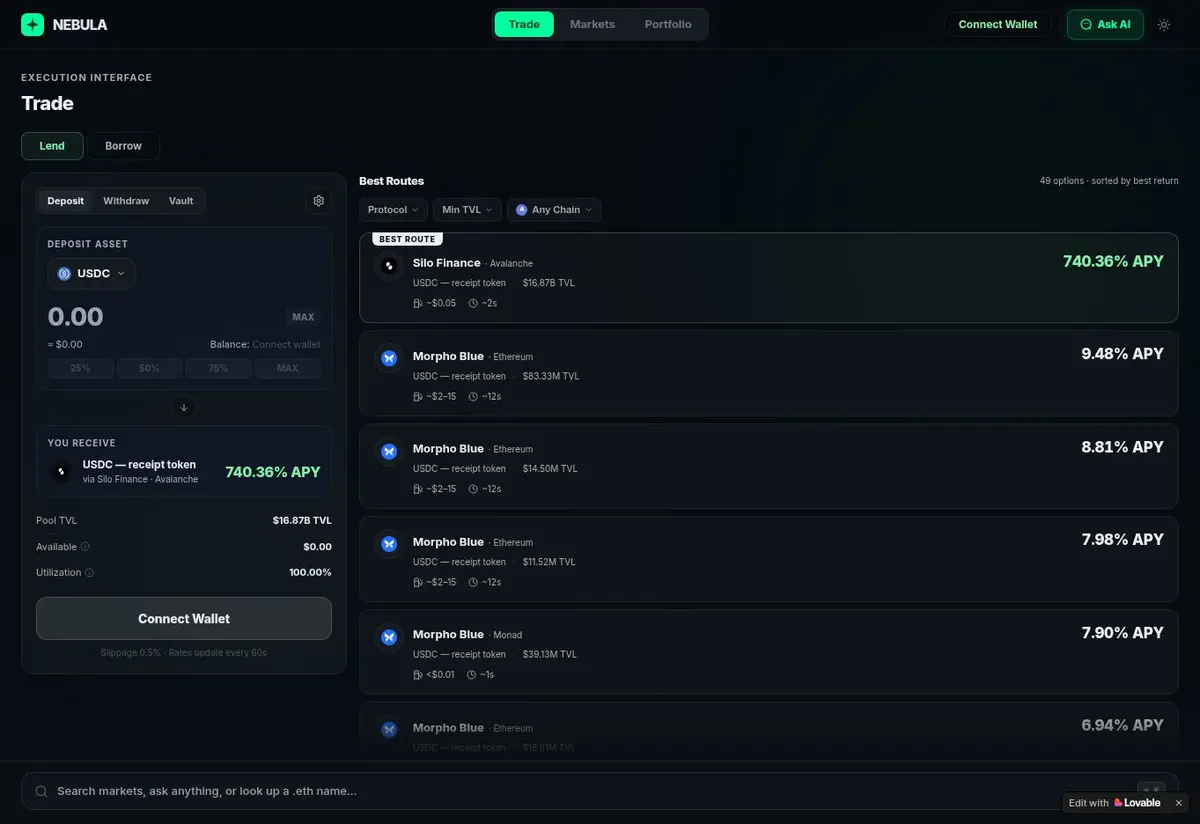 Nebula’s onchain lending interface