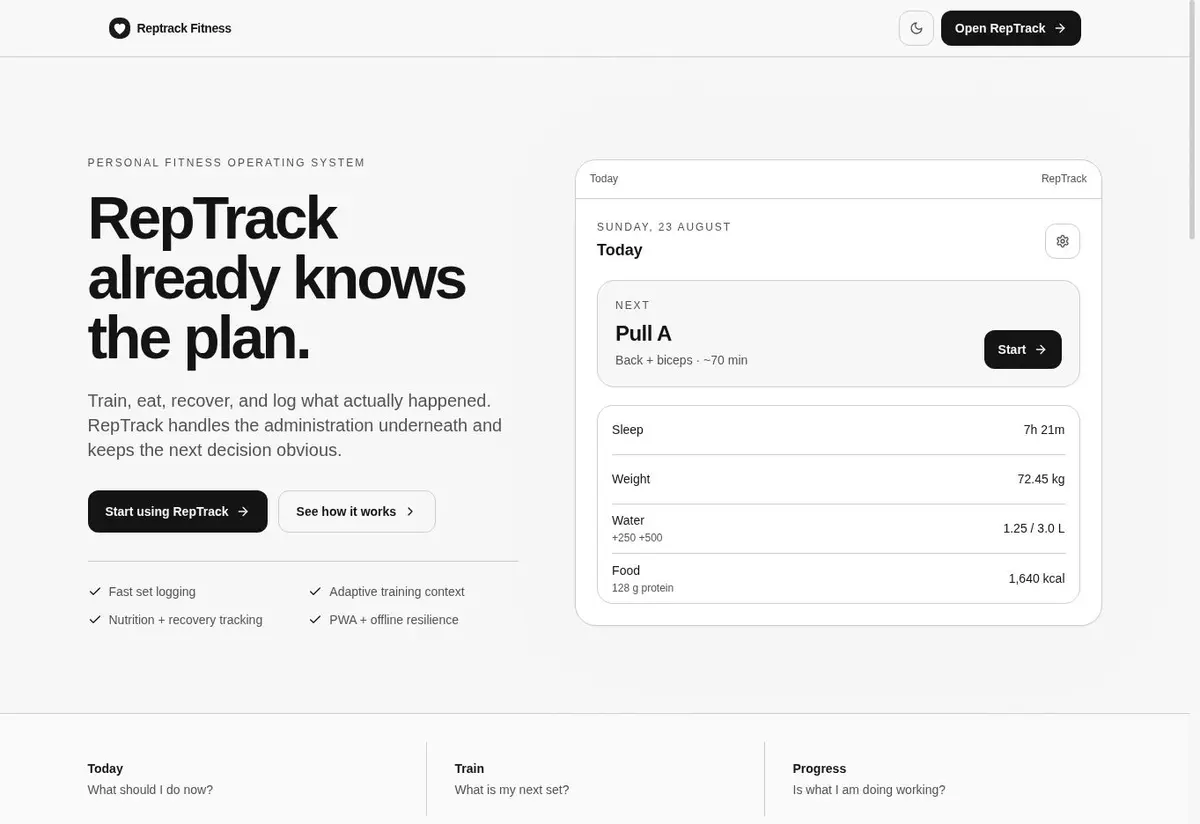 Reptrack’s actual training and daily fitness interface
